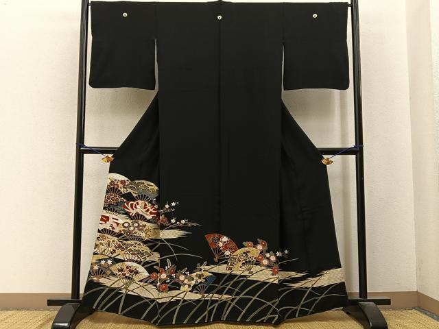 平和屋着物■豪華黒留袖　駒刺繍　鳳凰扇面花文　金銀彩　正絹　逸品　BAAY6472hj