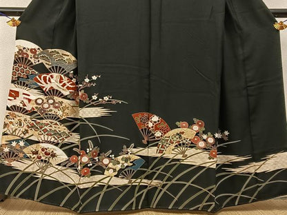 平和屋着物■豪華黒留袖　駒刺繍　鳳凰扇面花文　金銀彩　正絹　逸品　BAAY6472hj