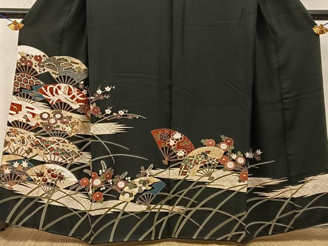 平和屋着物■豪華黒留袖　駒刺繍　鳳凰扇面花文　金銀彩　正絹　逸品　BAAY6472hj