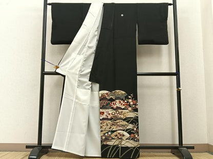 平和屋着物■豪華黒留袖　駒刺繍　鳳凰扇面花文　金銀彩　正絹　逸品　BAAY6472hj