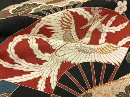 平和屋着物■豪華黒留袖　駒刺繍　鳳凰扇面花文　金銀彩　正絹　逸品　BAAY6472hj