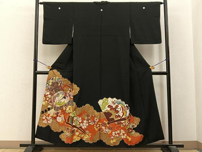 平和屋着物■豪華黒留袖　駒刺繍　飛鶴鼓花文　金彩　正絹　逸品　BAAY6473hj