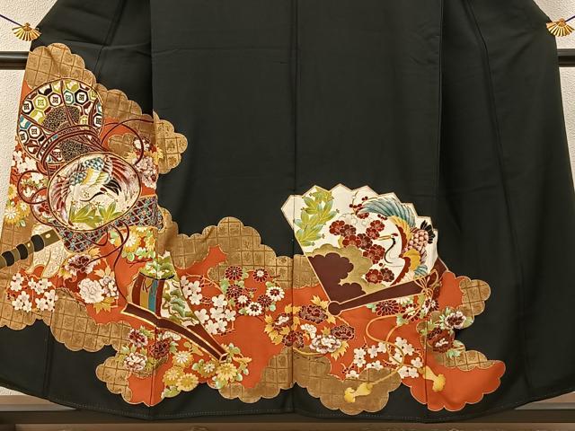 平和屋着物■豪華黒留袖　駒刺繍　飛鶴鼓花文　金彩　正絹　逸品　BAAY6473hj