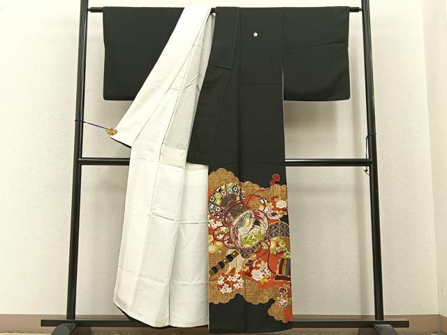 平和屋着物■豪華黒留袖　駒刺繍　飛鶴鼓花文　金彩　正絹　逸品　BAAY6473hj