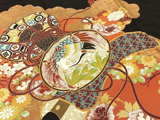 平和屋着物■豪華黒留袖　駒刺繍　飛鶴鼓花文　金彩　正絹　逸品　BAAY6473hj