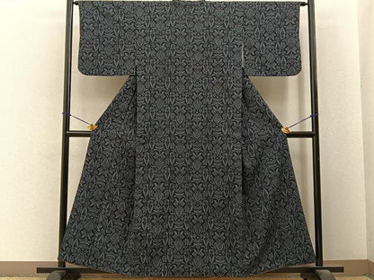 平和屋着物■本塩沢　草花文　濃紺地　正絹　逸品　BAAY6483hj