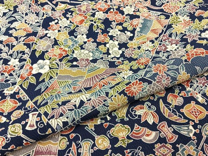 平和屋着物■上質な小紋　御所解宝尽くし花文　濃紺地　正絹　逸品　未使用　BAAY6499hj