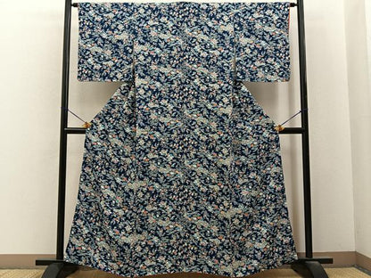 平和屋着物■上質な小紋　風景花文　濃紺地　正絹　逸品　BAAY6504hj