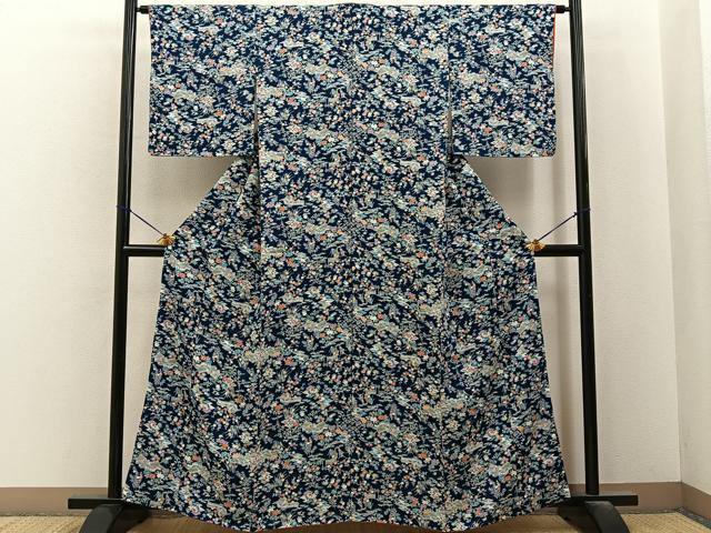 平和屋着物■上質な小紋　風景花文　濃紺地　正絹　逸品　BAAY6504hj