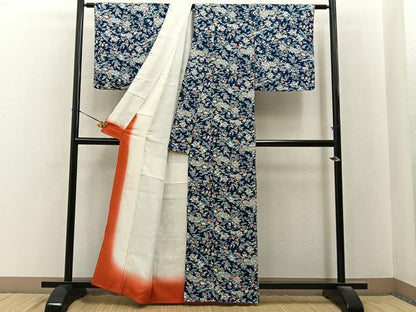 平和屋着物■上質な小紋　風景花文　濃紺地　正絹　逸品　BAAY6504hj