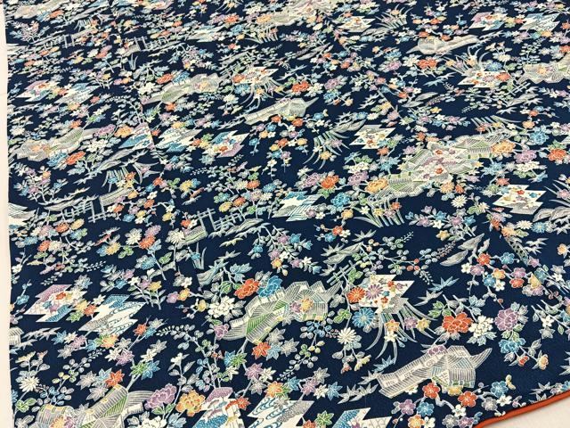 平和屋着物■上質な小紋　風景花文　濃紺地　正絹　逸品　BAAY6504hj