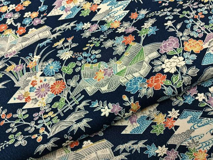 平和屋着物■上質な小紋　風景花文　濃紺地　正絹　逸品　BAAY6504hj