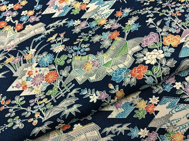 平和屋着物■上質な小紋　風景花文　濃紺地　正絹　逸品　BAAY6504hj