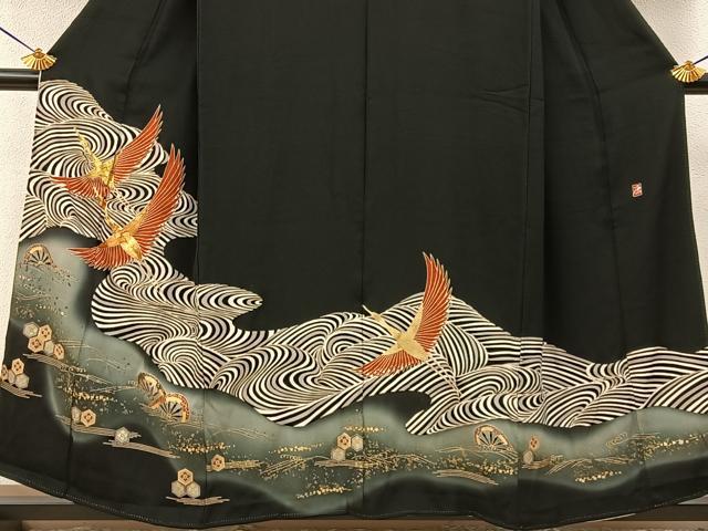 平和屋着物■豪華黒留袖　作家物　駒刺繍　飛鶴片輪車文　暈し染め　金彩　正絹　逸品　BAAY6522hj