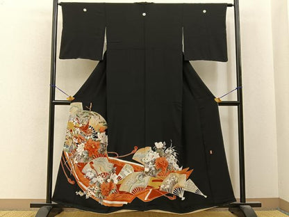 平和屋着物■豪華黒留袖　作家物　駒刺繍　鉾　扇面花文　金彩　正絹　逸品　BAAY6523hj