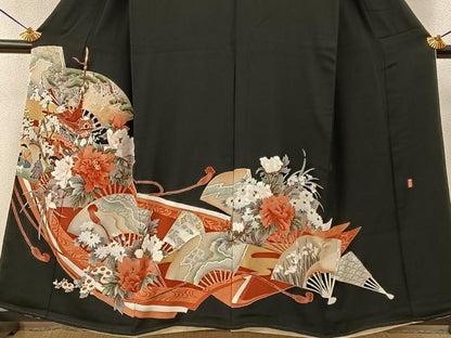 平和屋着物■豪華黒留袖　作家物　駒刺繍　鉾　扇面花文　金彩　正絹　逸品　BAAY6523hj
