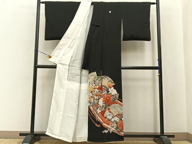 平和屋着物■豪華黒留袖　作家物　駒刺繍　鉾　扇面花文　金彩　正絹　逸品　BAAY6523hj