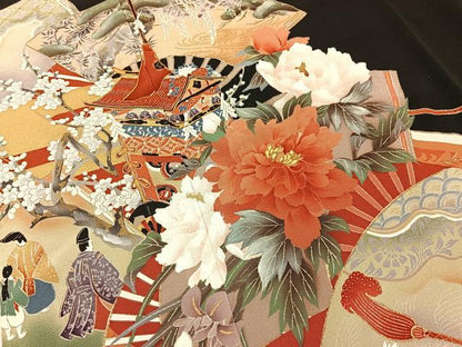 平和屋着物■豪華黒留袖　作家物　駒刺繍　鉾　扇面花文　金彩　正絹　逸品　BAAY6523hj
