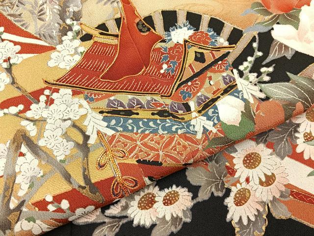 平和屋着物■豪華黒留袖　作家物　駒刺繍　鉾　扇面花文　金彩　正絹　逸品　BAAY6523hj