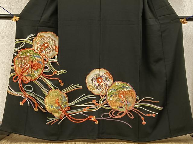 平和屋着物■豪華黒留袖　駒刺繍　鏡裏几帳花文　金彩　正絹　逸品　BAAY6547hj