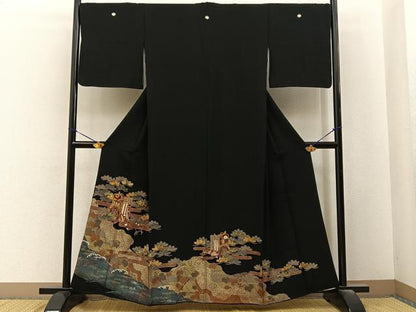 平和屋着物■豪華黒留袖　駒刺繍　御所車浜松文　金彩　正絹　逸品　BAAY6549hj
