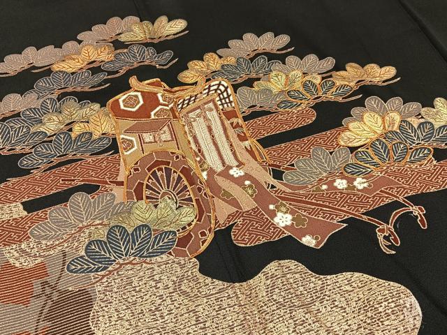平和屋着物■豪華黒留袖　駒刺繍　御所車浜松文　金彩　正絹　逸品　BAAY6549hj