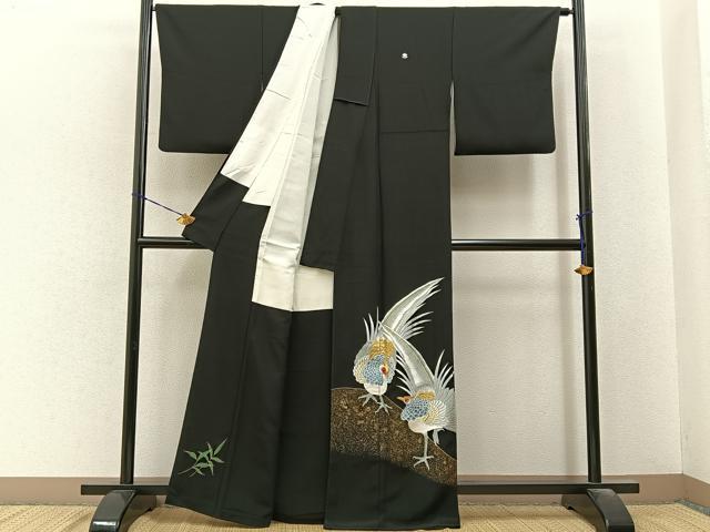平和屋着物■豪華黒留袖　刺繍　尾長鶏　金彩　正絹　逸品　BAAY6550hj