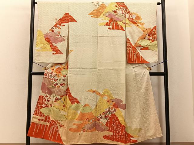 平和屋着物■訪問着　駒刺繍　遠山花文　金彩　正絹　逸品　BAAY6551hj