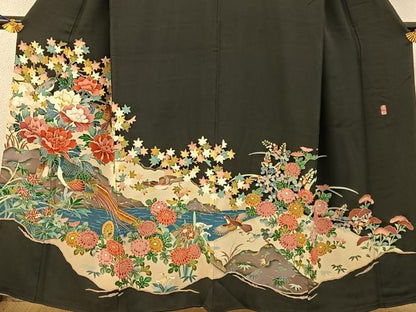 平和屋着物■豪華黒留袖　友禅　作家物　尾長鶏流水花文　正絹　逸品　BAAY6555hj