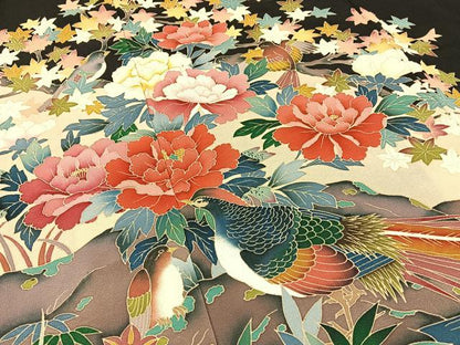 平和屋着物■豪華黒留袖　友禅　作家物　尾長鶏流水花文　正絹　逸品　BAAY6555hj