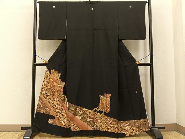 平和屋着物■豪華黒留袖　作家物　駒刺繍　源氏車花丸文　金彩　正絹　逸品　BAAY6557hj
