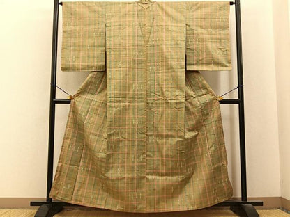 平和屋着物■上質な紬　格子柄　正絹　逸品　BAAY6561hj