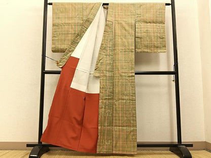 平和屋着物■上質な紬　格子柄　正絹　逸品　BAAY6561hj