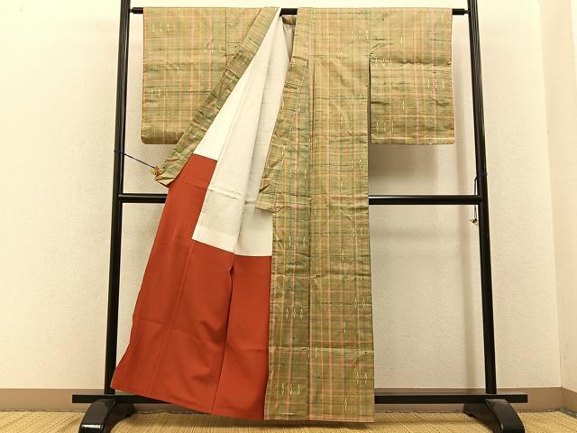 平和屋着物■上質な紬　格子柄　正絹　逸品　BAAY6561hj