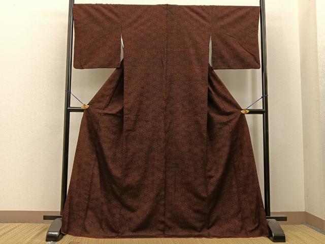 平和屋着物■上質な紬　麻の葉文様　ロング丈　正絹　逸品　BAAY6581hj