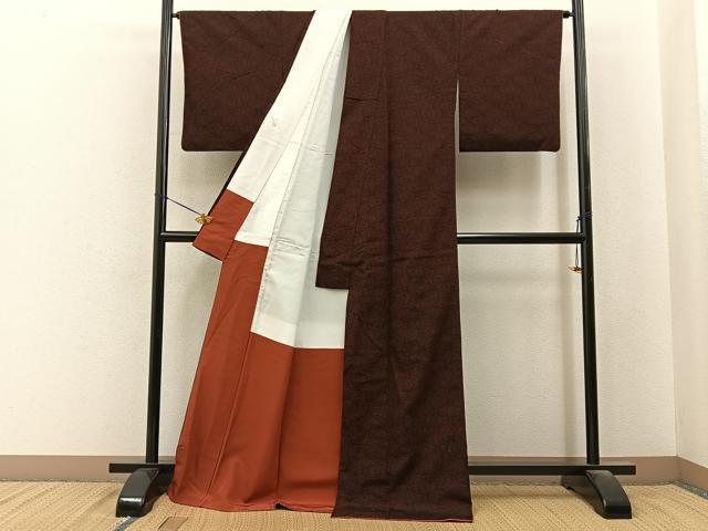 平和屋着物■上質な紬　麻の葉文様　ロング丈　正絹　逸品　BAAY6581hj