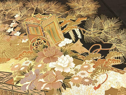 平和屋着物■豪華黒留袖　駒刺繍　御所車絵巻花文　金銀彩　正絹　逸品　BAAY6595hj