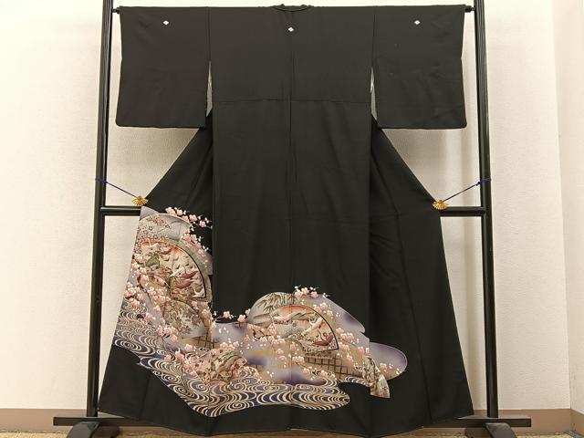 平和屋着物■豪華黒留袖　駒刺繍　飛鶴地紙花文　金彩　正絹　逸品　BAAY6597hj