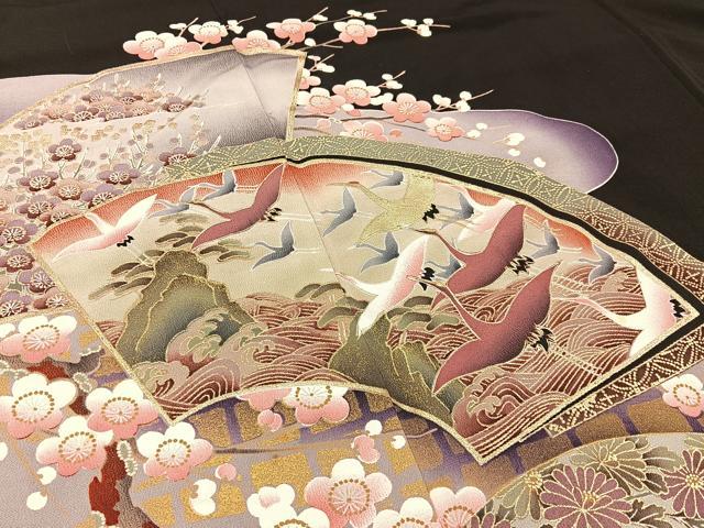 平和屋着物■豪華黒留袖　駒刺繍　飛鶴地紙花文　金彩　正絹　逸品　BAAY6597hj