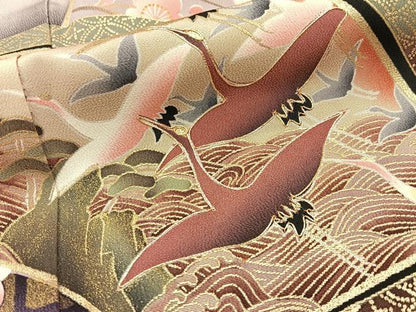 平和屋着物■豪華黒留袖　駒刺繍　飛鶴地紙花文　金彩　正絹　逸品　BAAY6597hj