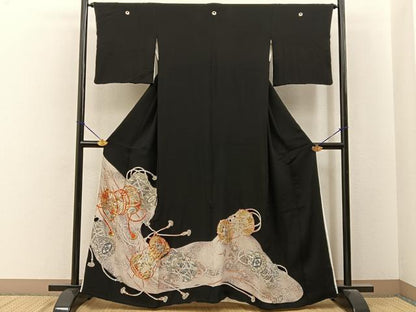 平和屋着物■豪華黒留袖　駒刺繍　鼓花文　金彩　正絹　逸品　BAAY6604hj