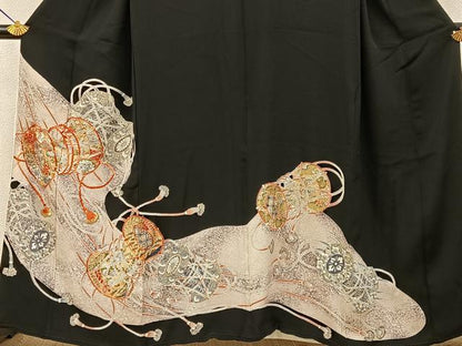 平和屋着物■豪華黒留袖　駒刺繍　鼓花文　金彩　正絹　逸品　BAAY6604hj