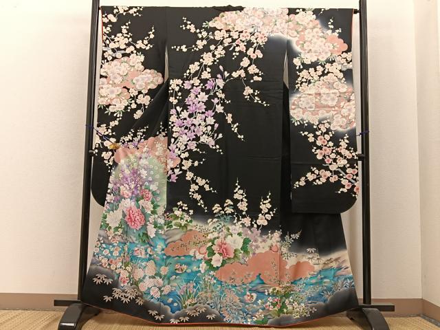 平和屋着物●豪華振袖　花鳥文　暈し染め　黒地　金彩　正絹　逸品　BAAY6612hj
