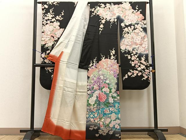 平和屋着物●豪華振袖　花鳥文　暈し染め　黒地　金彩　正絹　逸品　BAAY6612hj
