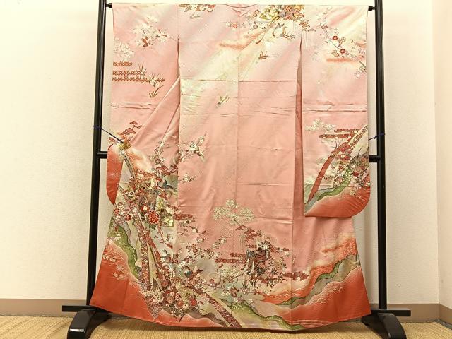 平和屋着物■豪華振袖　駒刺繍　御所車花鳥文　暈し染め　金銀彩　正絹　逸品　BAAY6613hj