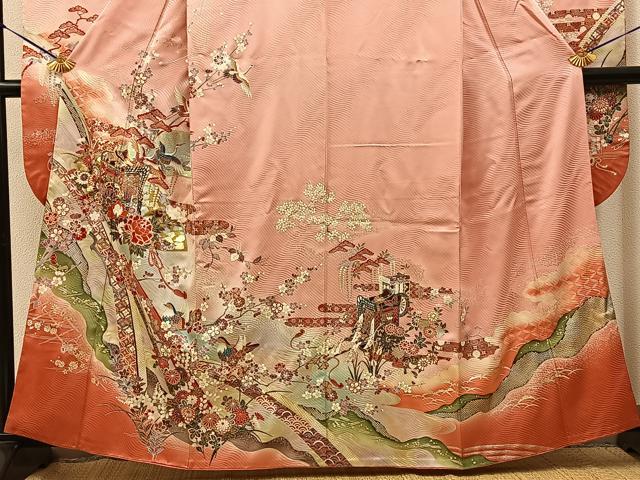 平和屋着物■豪華振袖　駒刺繍　御所車花鳥文　暈し染め　金銀彩　正絹　逸品　BAAY6613hj