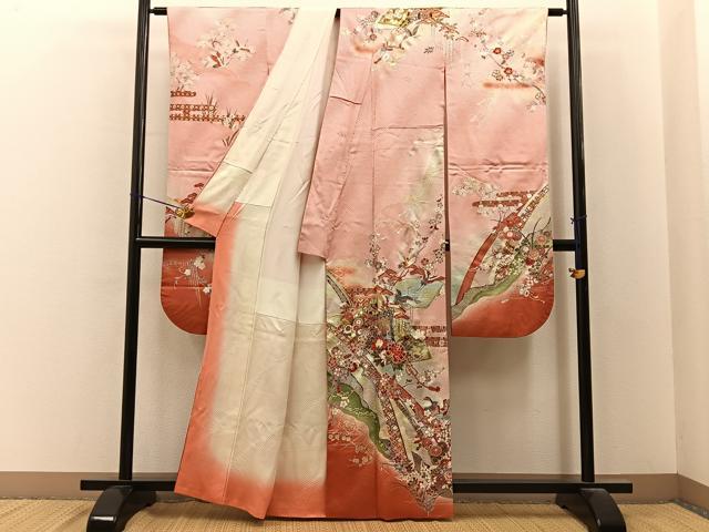 平和屋着物■豪華振袖　駒刺繍　御所車花鳥文　暈し染め　金銀彩　正絹　逸品　BAAY6613hj