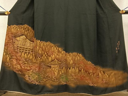 平和屋着物■豪華黒留袖　作家物　刺繍　名所風景文　金彩　正絹　逸品　BAAY6618hj
