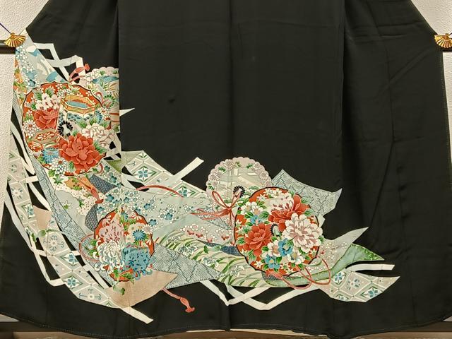 平和屋着物■豪華黒留袖　駒刺繍　鏡裏貝桶花文　金彩　正絹　逸品　BAAY6619hj