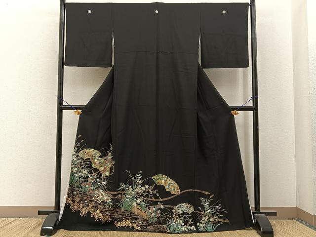 平和屋着物■豪華黒留袖　地紙流水花文　金彩　正絹　逸品　BAAY6622hj